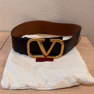 Valentino Black Leather Belt with Gold V Buckle